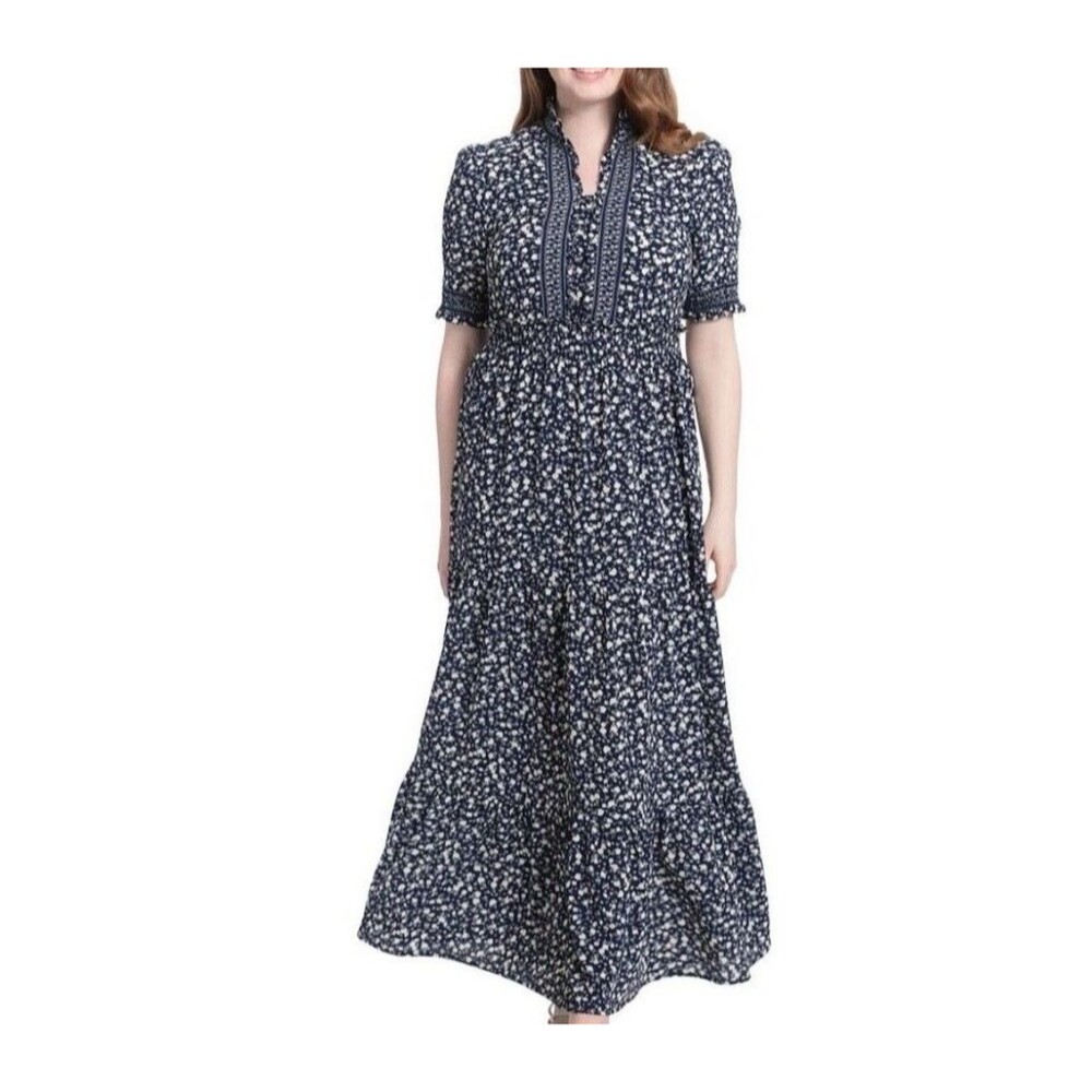 London Times Tiered Maxi Ruffle Dress Womens 20W Navy Floral Smocked Puff Sleeve